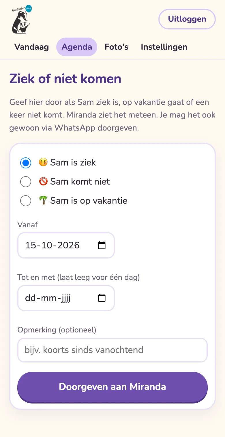 Het formulier om ziek, vakantie of niet komen door te geven