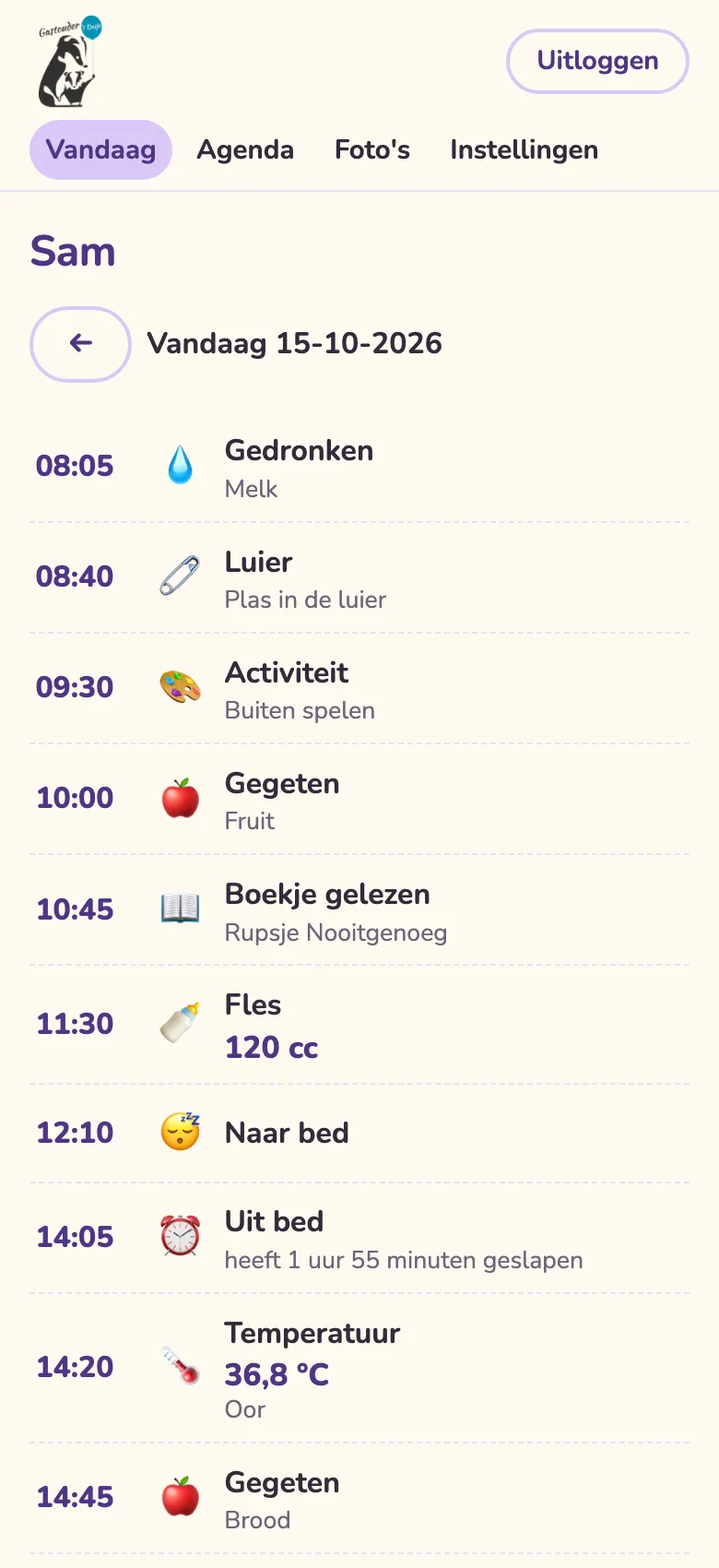 Het scherm Vandaag met een tijdlijn van eten, luiers, slapen en temperatuur
